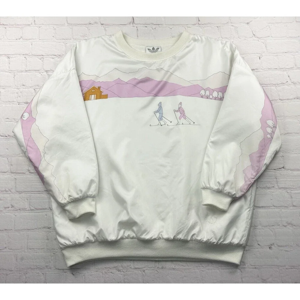 Vintage 80s Adidas AOP Skiing Ski Snow Winter Pink Nylon Sweatshirt Size Large L